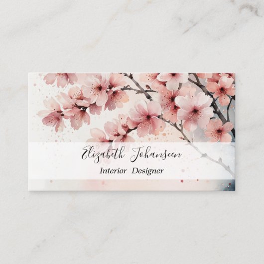 Carte De Visite Aquarelle Cerisier Fleur Fille Nom du script (Devant)