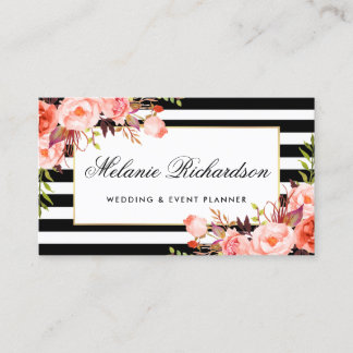Carte De Visite Aquarelle Coral Floral Élégant Noir rayé
