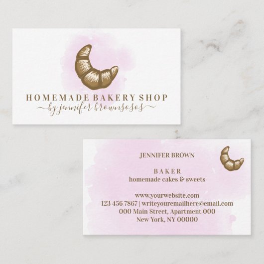 Carte De Visite Aquarelle Croissant Rose boulangerie maison (Devant / Derrière)