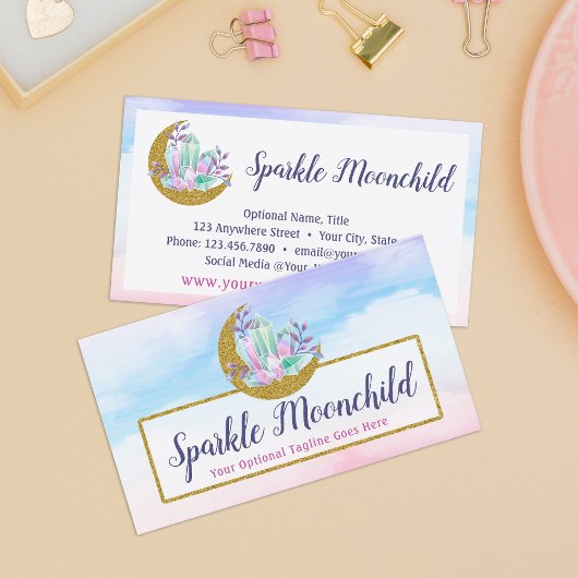 Carte De Visite Aquarelle Crystals & Gold Crescent Moon Boutique