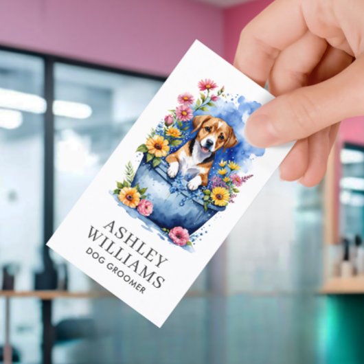 Carte De Visite Aquarelle de chien Groomer Code QR