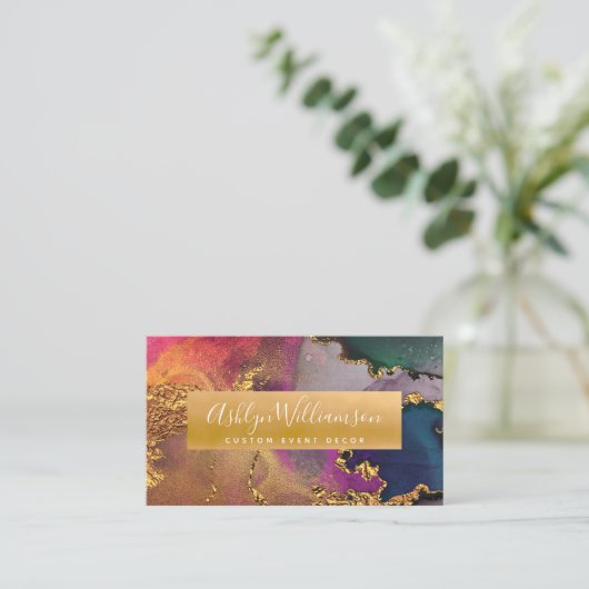 Carte De Visite Aquarelle de marbre moderne or violet script bleu (Debout devant)