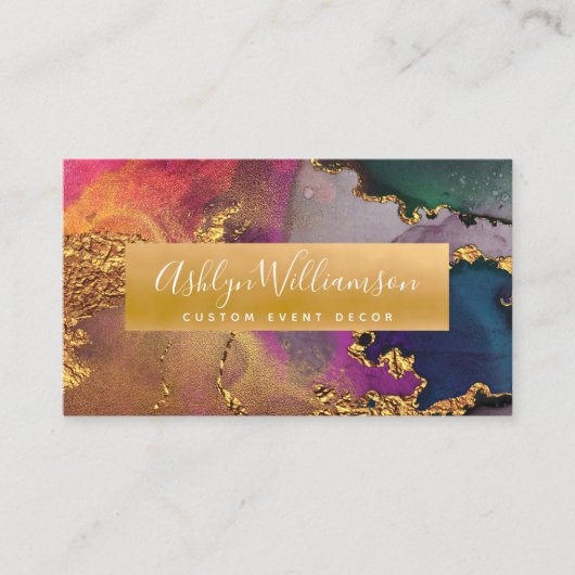 Carte De Visite Aquarelle de marbre moderne or violet script bleu (Devant)