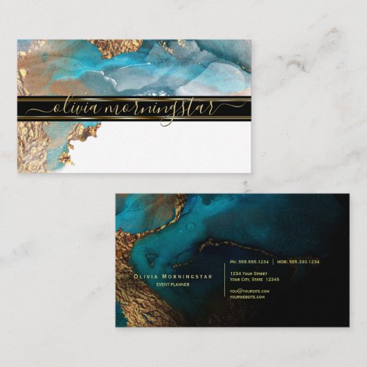 Carte De Visite Aquarelle d'encre d'alcool liquide Aqua en or supe (Devant / Derrière)