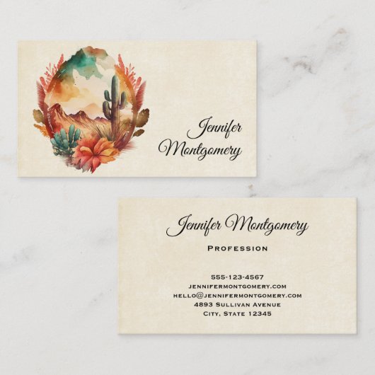 Carte De Visite Aquarelle Désert Cactus et Montagnes (Devant / Derrière)