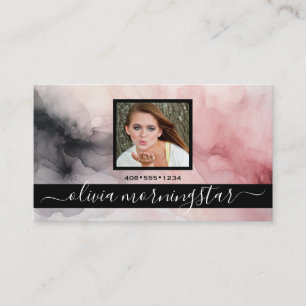 Carte De Visite Aquarelle douce rose et noire rose QR et photo