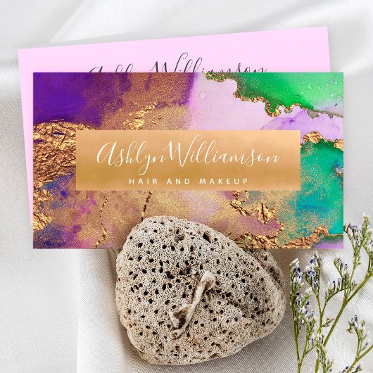 Carte De Visite Aquarelle en marbre moderne, or violet aqua vert
