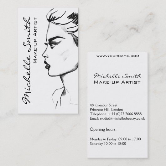 Carte De Visite Aquarelle encre noir et blanc maquillage femme (Devant / Derrière)