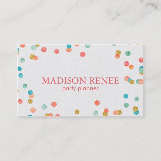 Carte De Visite Aquarelle et Gold Confetti Party Planner (Devant)