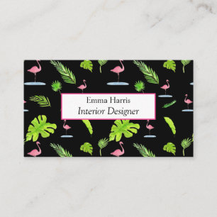 Carte De Visite Aquarelle Feuilles Tropicales & Flamants Roses