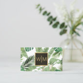 Carte De Visite Aquarelle Feuilles tropicaux Monogramme blanc/noir (Debout devant)