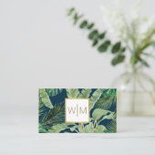 Carte De Visite Aquarelle Feuilles tropicaux Monogramme bleu/blanc (Debout devant)