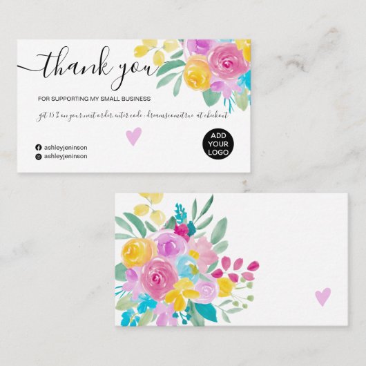 Carte De Visite Aquarelle fleurie rose jaune chic ordre merci (Devant / Derrière)