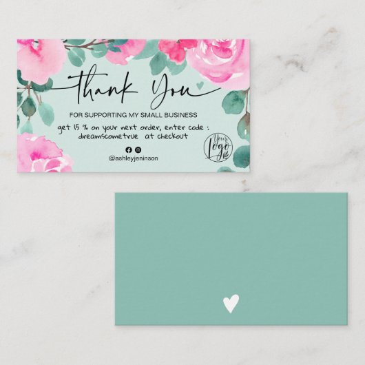Carte De Visite Aquarelle fleurie rose verte commander merci (Devant / Derrière)