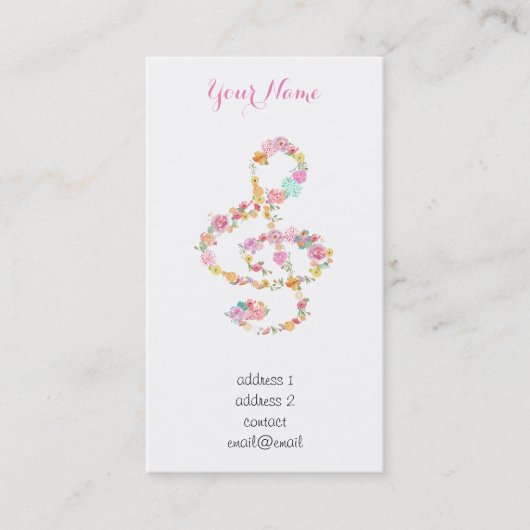 Carte De Visite aquarelle fleurs musique treize clef (Devant)