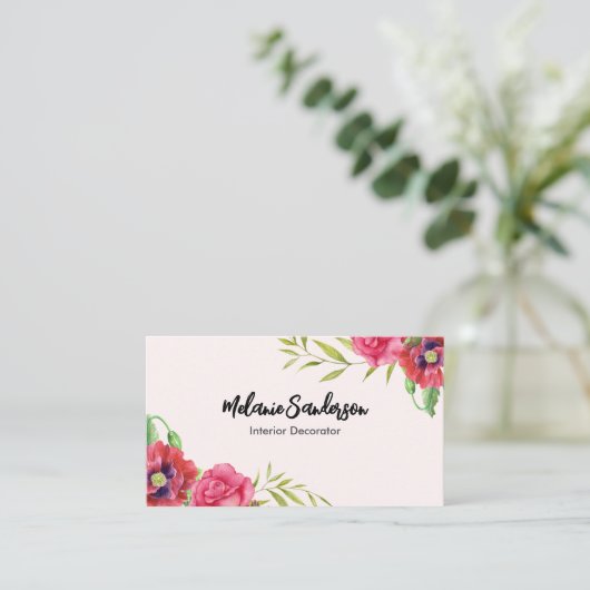 Carte De Visite Aquarelle Fleurs rouges et roses sur rose clair (Debout devant)