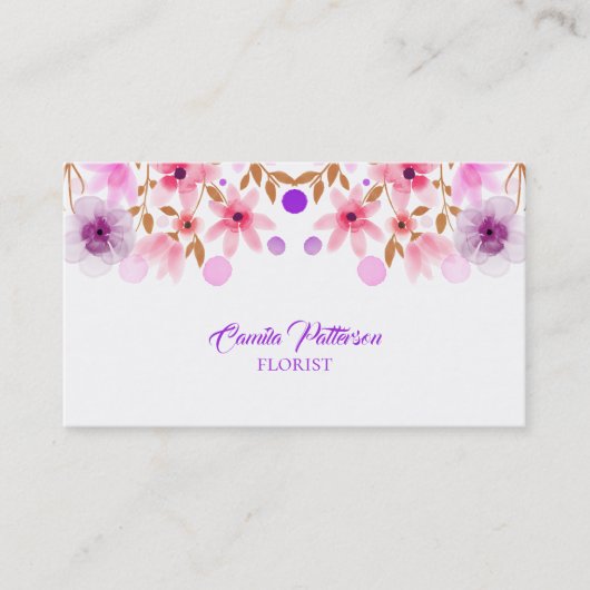 Carte De Visite Aquarelle Fleurs violettes Et Roses (Devant)
