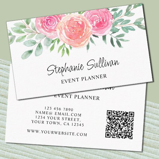 Carte De Visite Aquarelle Floral QR Code Planificateur d'événement
