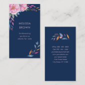 Carte De Visite Aquarelle florale bleu bleu marine rose (Devant / Derrière)