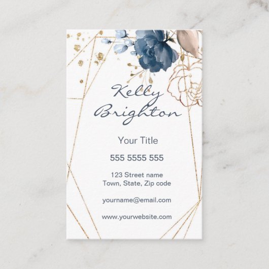Carte De Visite Aquarelle florale bleu & or, forme géométrique (Devant)