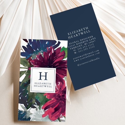 Carte De Visite Aquarelle florale Bourgogne Marine Monogramme bleu