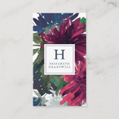 Carte De Visite Aquarelle florale Bourgogne Marine Monogramme bleu (Devant)