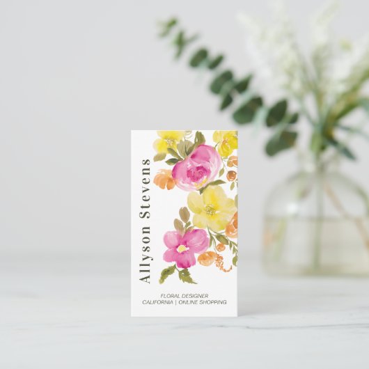 Carte De Visite Aquarelle florale chic tendance blanc logo qr code (Debout devant)