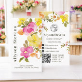 Carte De Visite Aquarelle florale chic tendance blanc logo qr code