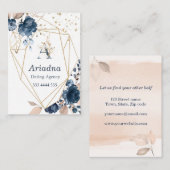 Carte De Visite Aquarelle florale de bleu marine de monogramme, (Devant / Derrière)