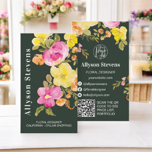 Carte De Visite Aquarelle florale moderne vert profond logo qr cod