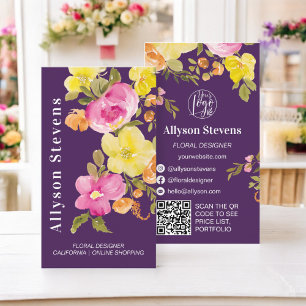 Carte De Visite Aquarelle florale moderne violet prune logo qr cod
