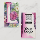 Carte De Visite Aquarelle florale monogramme L Daisy Code QR Logo (Devant / Derrière)
