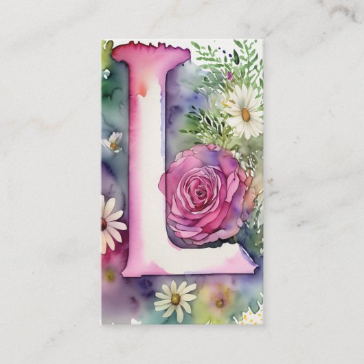 Carte De Visite Aquarelle florale monogramme L Daisy Code QR Logo (Devant)