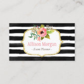 Carte De Visite Aquarelle florale noire blanche rayée (Devant)