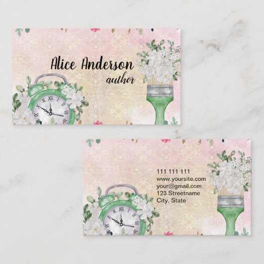 Carte De Visite aquarelle florale rose pastel script délicat (Devant / Derrière)