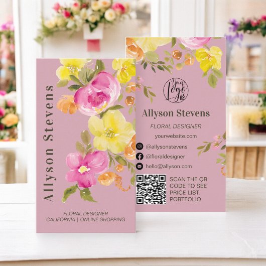 Carte De Visite Aquarelle florale tendance dusty rose logo qr code