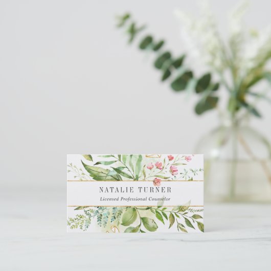 Carte De Visite Aquarelle Foliole vert sauvage avec code QR (Debout devant)