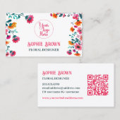 Carte De Visite Aquarelle Fuchsia Fleurs Floral QR Code (Devant / Derrière)