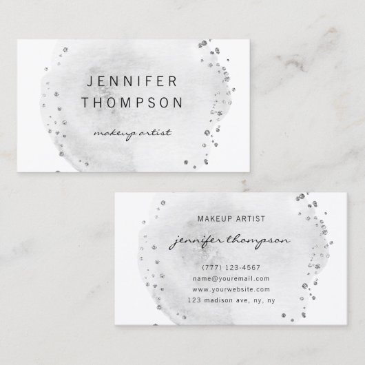 Carte De Visite Aquarelle gris Cercle Points Argent  (Devant / Derrière)