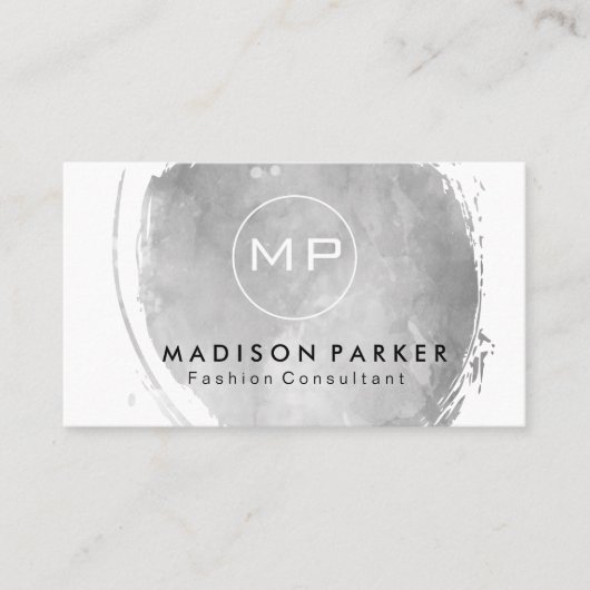 Carte De Visite Aquarelle gris contemporaine brossée avec Monogram (Devant)