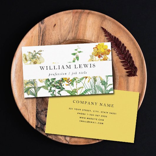 Carte De Visite Aquarelle jaune Floral & Vert Professionnel