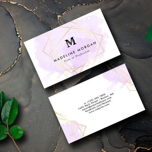 Carte De Visite Aquarelle Lavande Faux or Monogramme géométrique