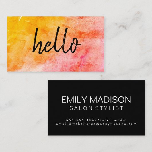 Carte De Visite Aquarelle manuscrite tendance Hello (Devant / Derrière)