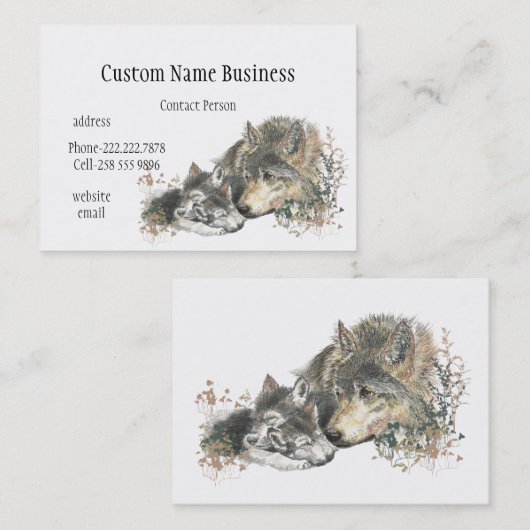 Carte De Visite Aquarelle Mère ou Père Wolf avec petits (Devant / Derrière)