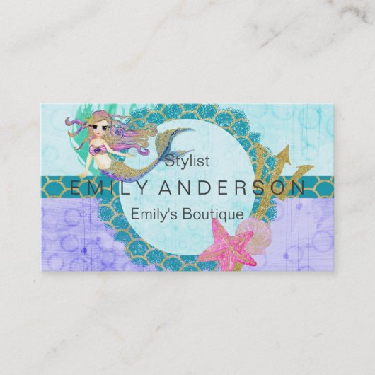 Carte De Visite Aquarelle mignonne de sirène Monogramme Turquoise  (Devant)