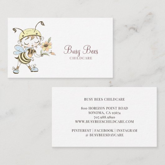 Carte De Visite Aquarelle mignonne Garde d'enfants Busy Bee Caract (Devant / Derrière)