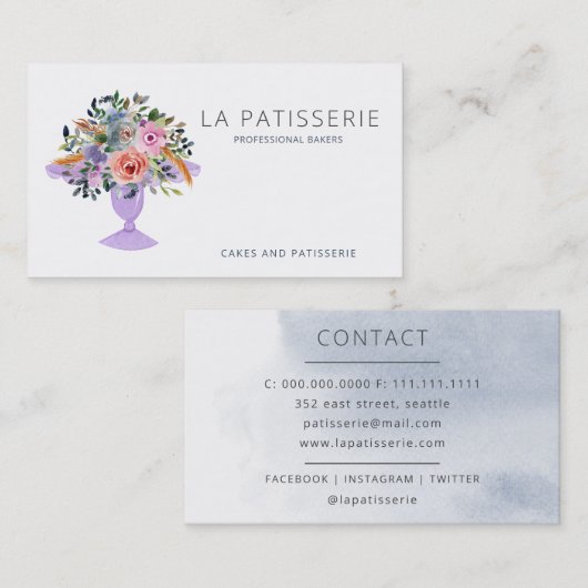 Carte De Visite Aquarelle moderne Cuisine florale Stand boulangeri (Devant / Derrière)