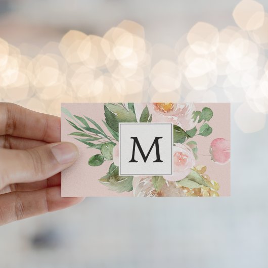 Carte De Visite Aquarelle moderne Fleurs roses Monogrammes