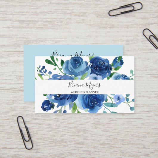 Carte De Visite Aquarelle Moderne Floral Marine Bleu Script (Devant/Arrière en situation)