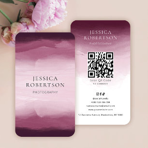 Carte De Visite Aquarelle moderne Rouge rose Social Media QR Code